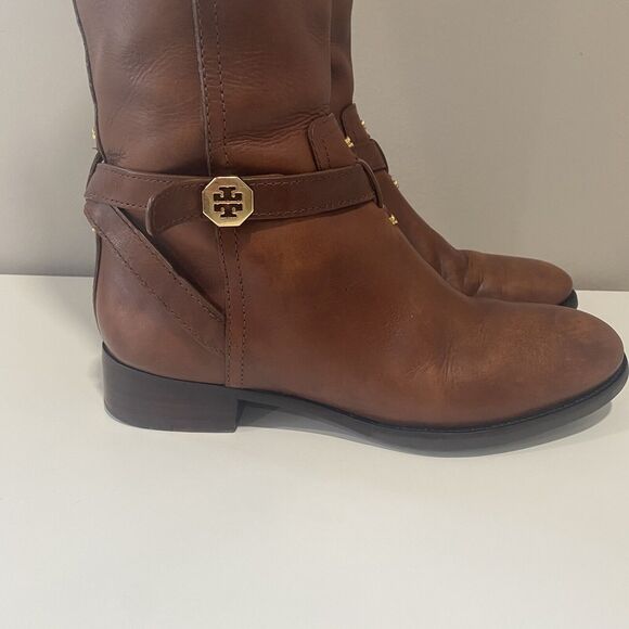 TORY BURCH BRITA Brown Leather Riding Boots 7.5 Gold Logo Tall Knee High Womens - Picture 5 of 16